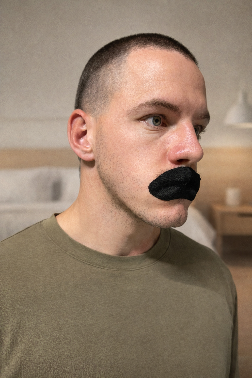 Adult wearing black Zipit mouth tape as part of a bedtime routine